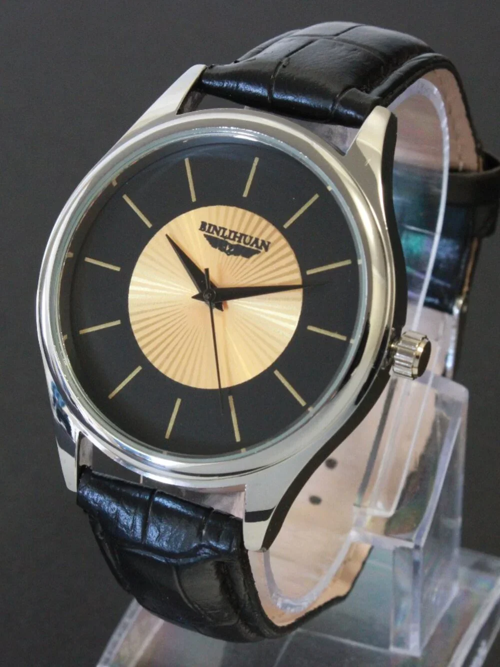 Men's Quartz Dress Watch Black Dial Gold Textured Insert Black Strap 42mm